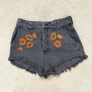 Free People Washed Black Cutoff Jean Shorts Orange Floral Embroidery Women’s 28